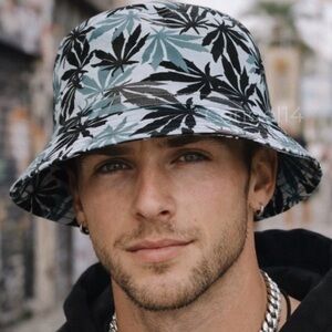 Reversible Cannabis Leaf Print Bucket Hat Black & Blue Festival Streetwear OS